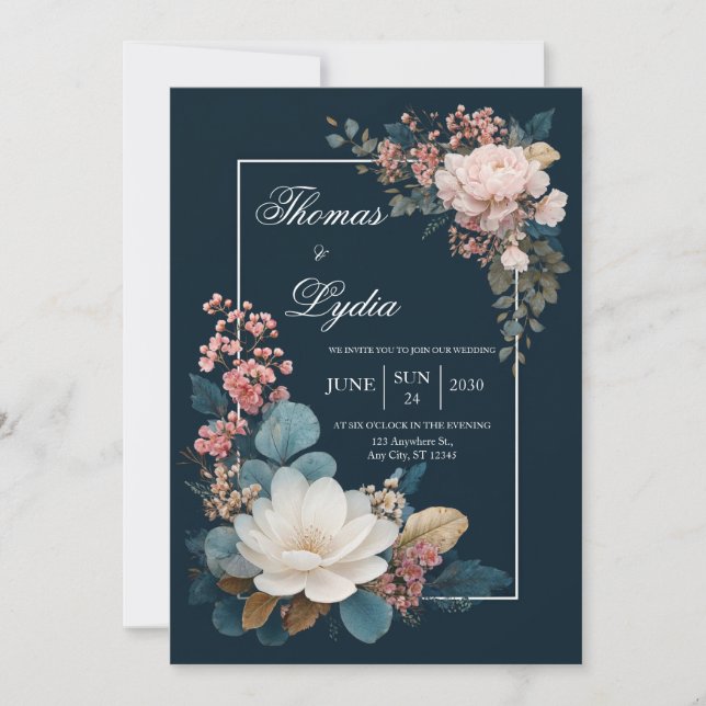 Dusty Blue Floral Wedding Invitation (Front)