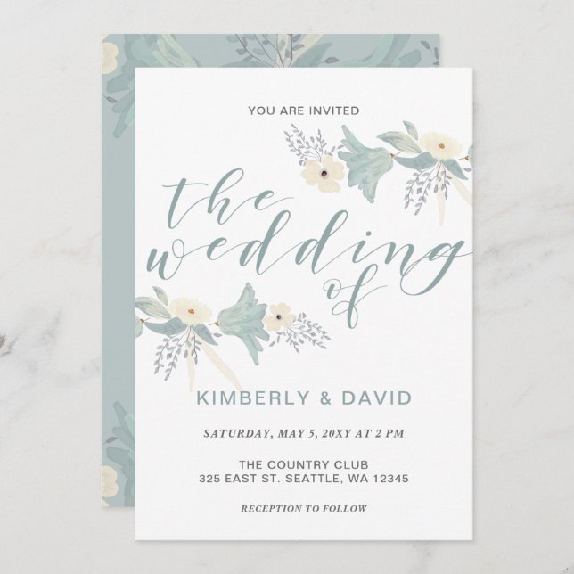 Dusty Blue Floral Wedding Invitation (Front/Back)