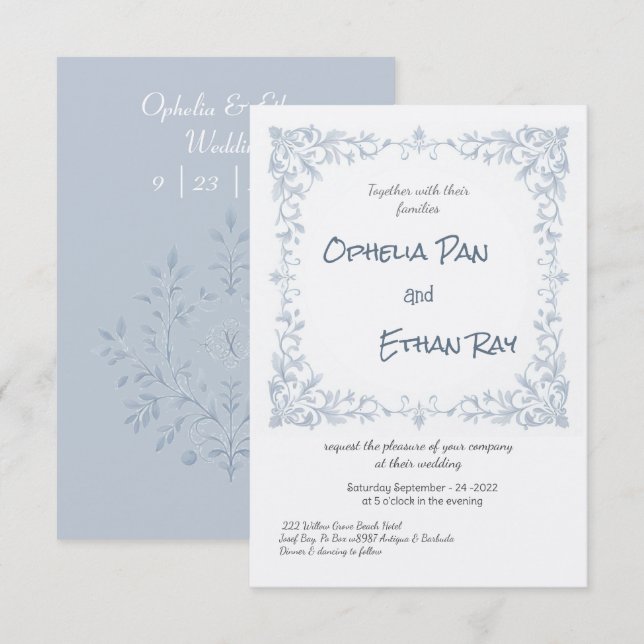 Dusty Blue Floral wedding Invitation (Front/Back)