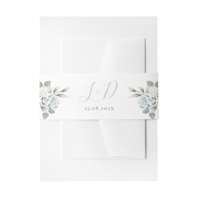 Dusty Blue Floral Wedding Invitation Belly Band (Front Example)