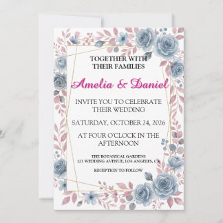 Dusty Blue Floral Wedding Invitation Card