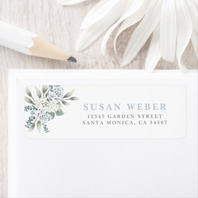 Dusty Blue Floral wedding invitation Label (Insitu)