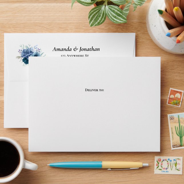 Dusty Blue Floral Wedding Invitation Pre-addressed Envelope (Desk)