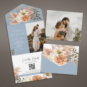 Dusty Blue Floral Wedding Invitation with QR Code