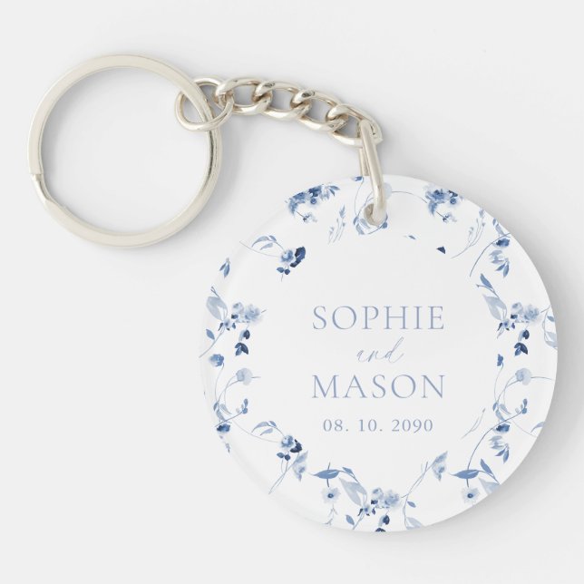 Dusty Blue Floral Wedding Key Ring (Front)