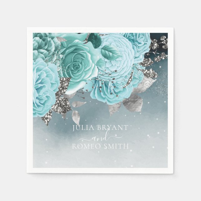 Dusty Blue Floral Wedding Luxury Napkin (Front)