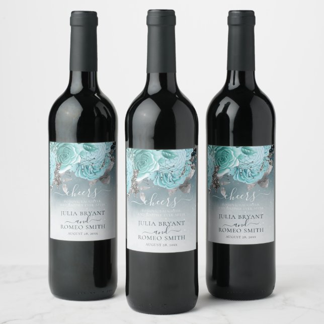 Dusty Blue Floral Wedding Luxury Wine Label (Bottles)