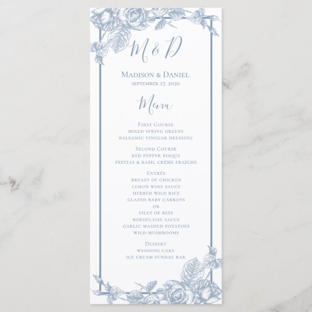 Dusty Blue Floral Wedding Menu (Front)