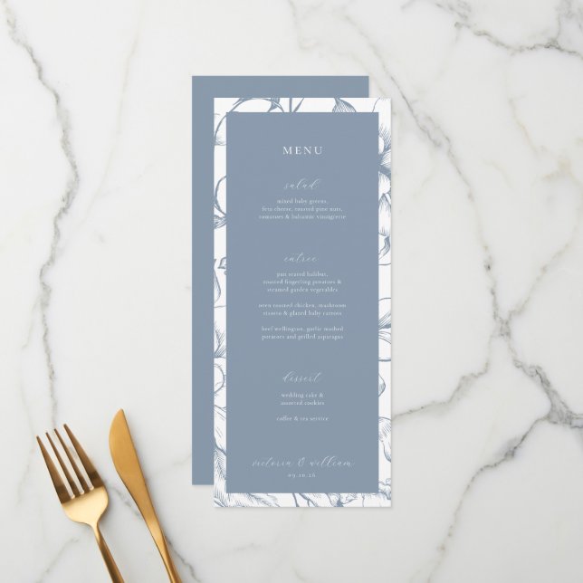 Dusty Blue Floral Wedding Menu and Thank You (Front/Back In Situ)