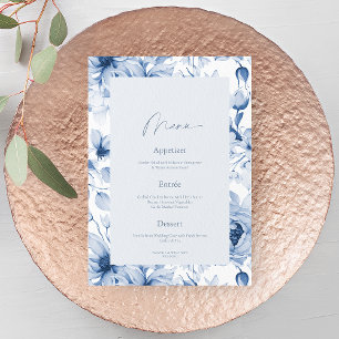 Dusty Blue Floral Wedding Menu Card