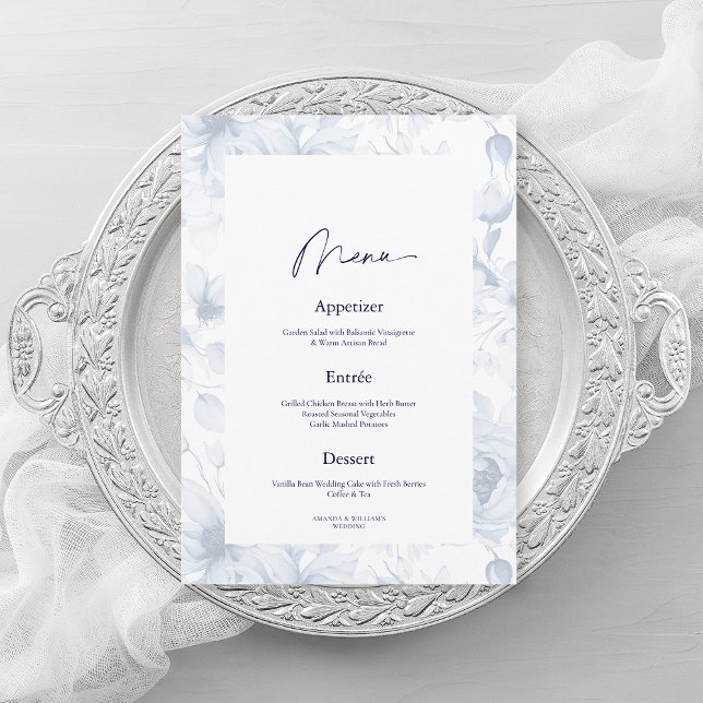 Dusty Blue Floral Wedding Menu Card (Creator Uploaded)