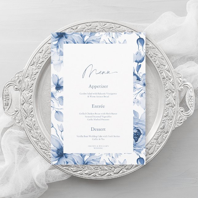 Dusty Blue Floral Wedding Menu Card (Creator Uploaded)