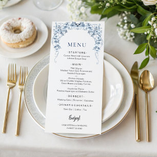 Dusty Blue Floral Wedding Menu Elegant Bow Roses