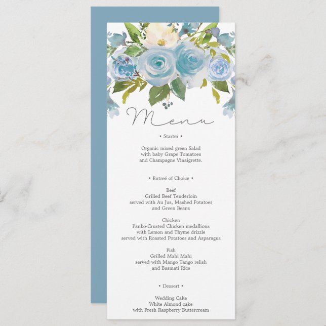 Dusty Blue Floral Wedding Menu or Shower Menu Invitation (Front/Back)