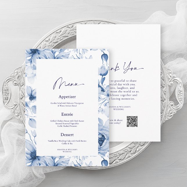 Dusty Blue Floral Wedding Menu & Thank You Card (Creator Uploaded)