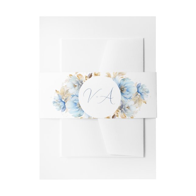 Dusty Blue Floral Wedding Monogram 2 Invitation Belly Band (Front Example)