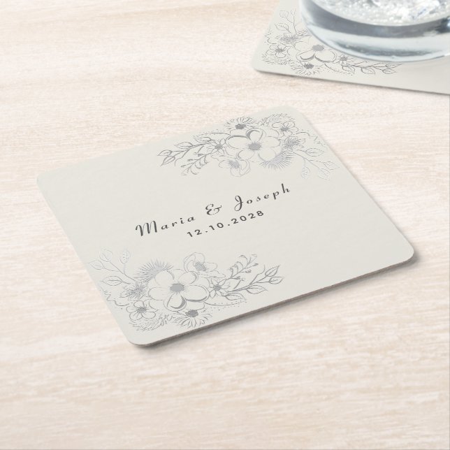 Dusty Blue Floral Wedding Paper Coaster (Angled)