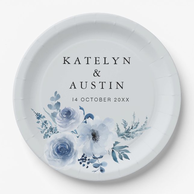 dusty blue floral wedding  paper plate (Front)