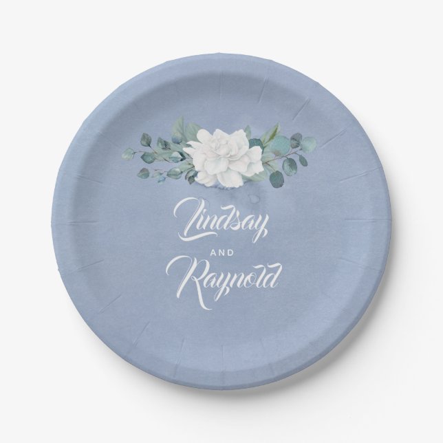 Dusty Blue Floral Wedding Paper Plate (Front)