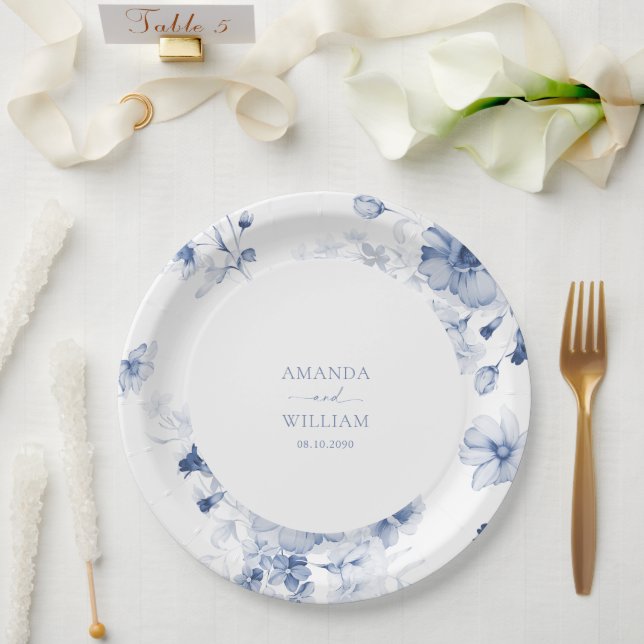 Dusty Blue Floral Wedding Paper Plate (Wedding)