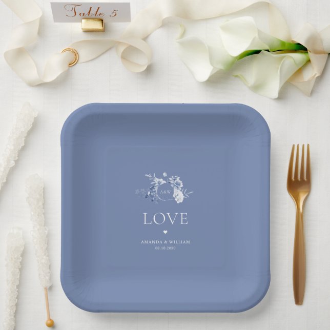 Dusty Blue Floral Wedding Paper Plates (Wedding)