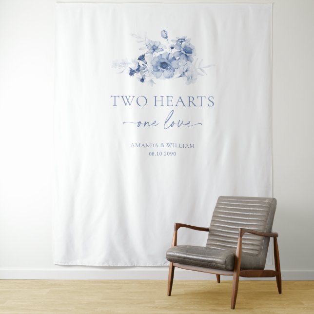 Dusty Blue Floral Wedding Photo Backdrop Tapestry (In Situ)
