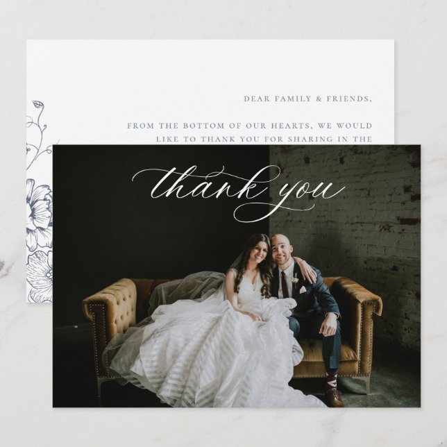 Dusty Blue Floral Wedding Photo Thank You Card (Front/Back)