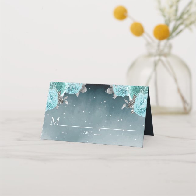 Dusty Blue Floral Wedding Place Card (Front)