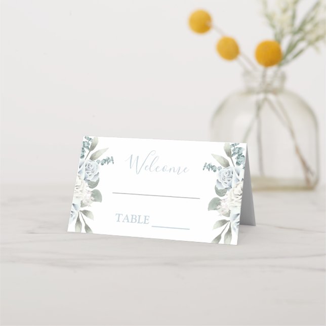 Dusty Blue floral wedding place card (Front)