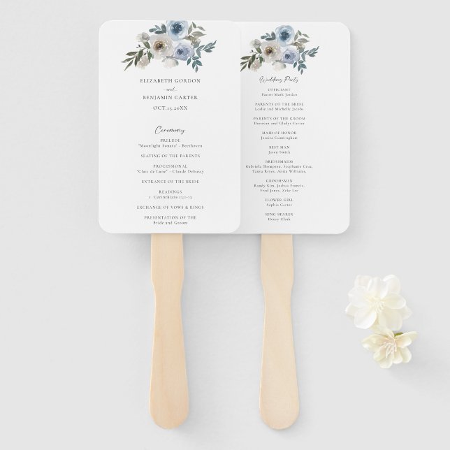 Dusty Blue Floral Wedding Program Ceremony Bridal Hand Fan (Front and Back)