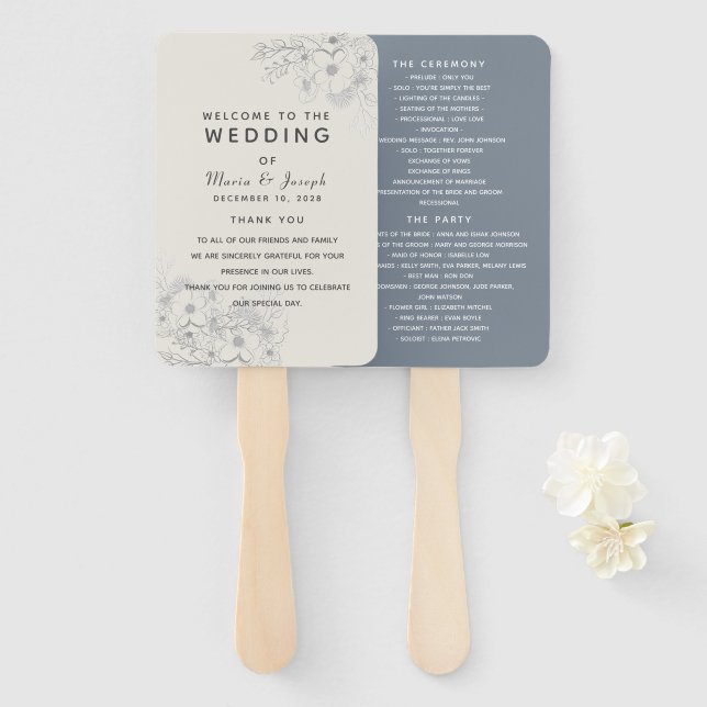 Dusty Blue Floral Wedding Program Fan (Front and Back)