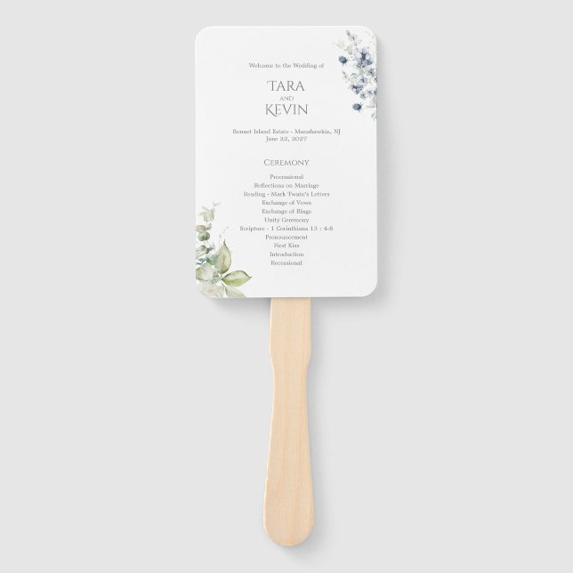 Dusty Blue Floral Wedding Program Fan with Handle  (Front)