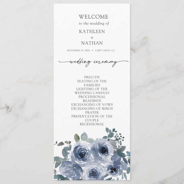  Dusty Blue Floral Wedding Program Menu (Front)
