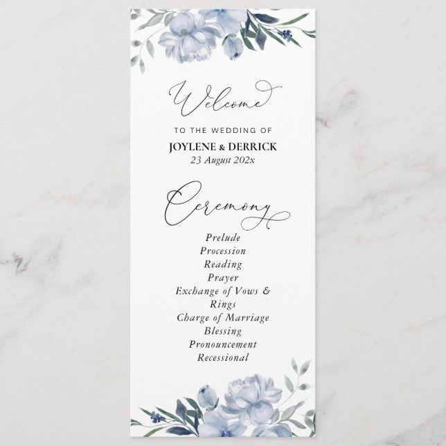 dusty blue floral wedding program programme (Front)