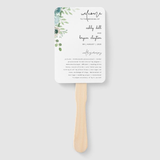  Dusty Blue Floral Wedding Program Set of Fans (Front)
