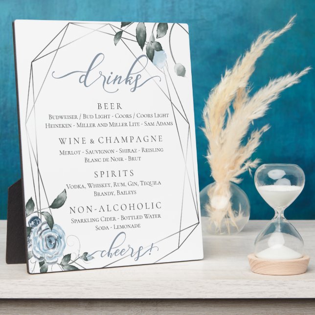 Dusty Blue Floral Wedding Reception Bar Menu 2 Plaque (Side)