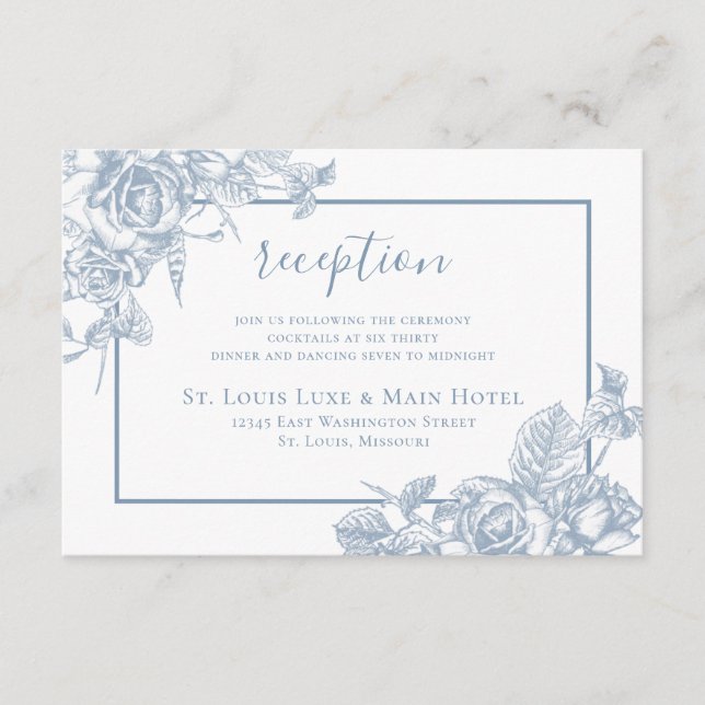 Dusty Blue Floral Wedding Reception Enclosure Card (Front)