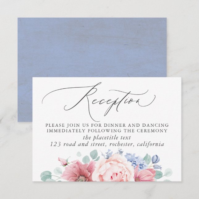Dusty Blue Floral Wedding Reception Enclosure Card (Front/Back)