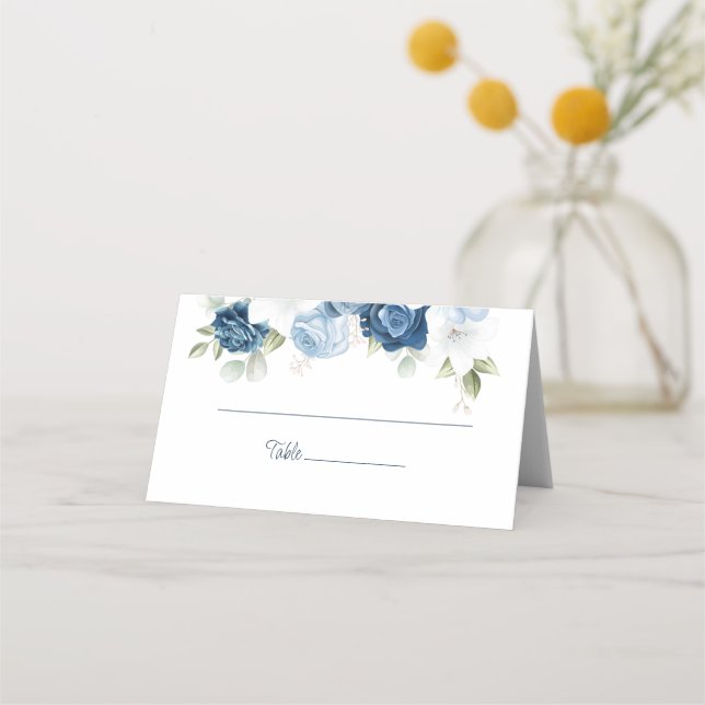 Dusty Blue Floral Wedding Reception Place Card (Front)