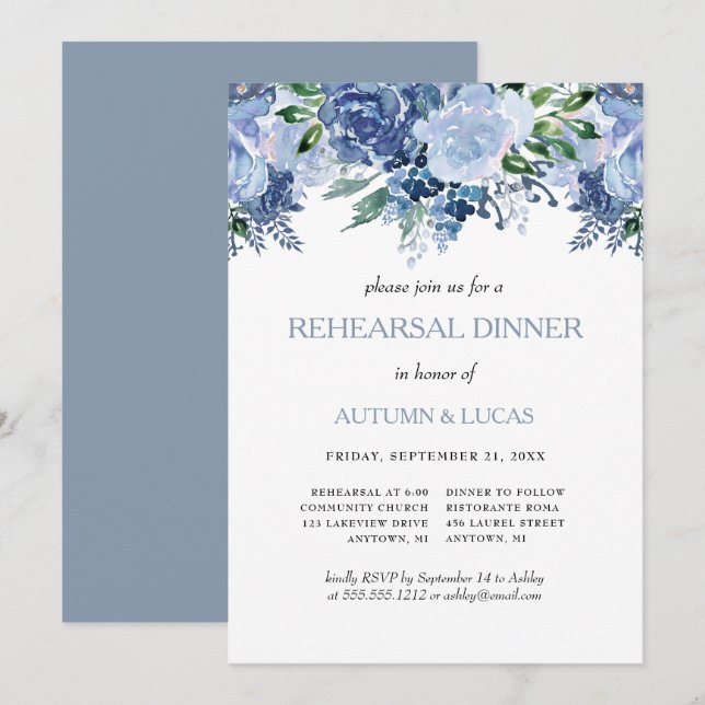 Dusty Blue Floral Wedding Rehearsal Dinner Invitation (Front/Back)