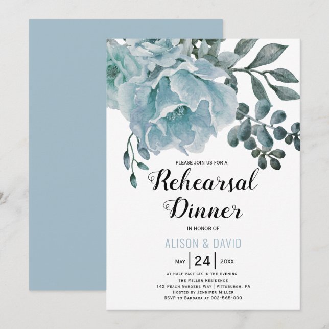 Dusty blue floral wedding rehearsal dinner  invitation (Front/Back)