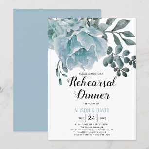 Dusty blue floral wedding rehearsal dinner invitation