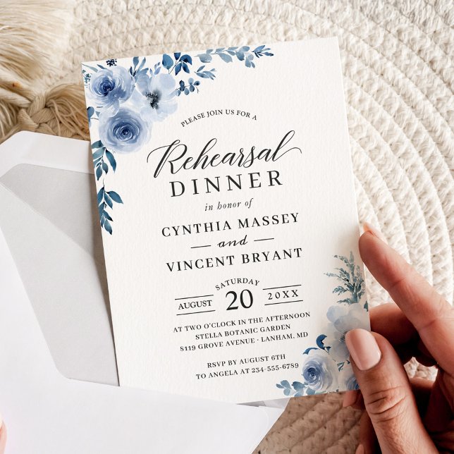 Dusty Blue Floral Wedding Rehearsal Dinner Invitation (Creator Uploaded)