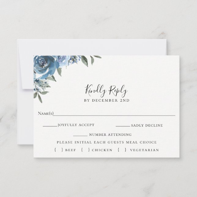 Dusty Blue Floral Wedding RSVP Meal Choice Card (Front)