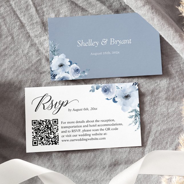Dusty Blue Floral Wedding RSVP Online QR Code Enclosure Card (Creator Uploaded)