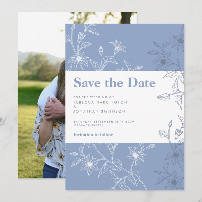 Dusty Blue Floral Wedding Save The Date Photo Card (Front/Back)