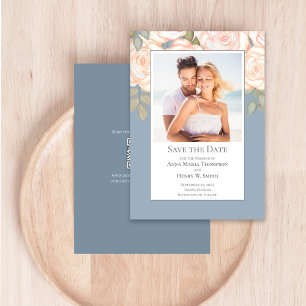 Dusty Blue Floral Wedding Save the Date Photo Invitation