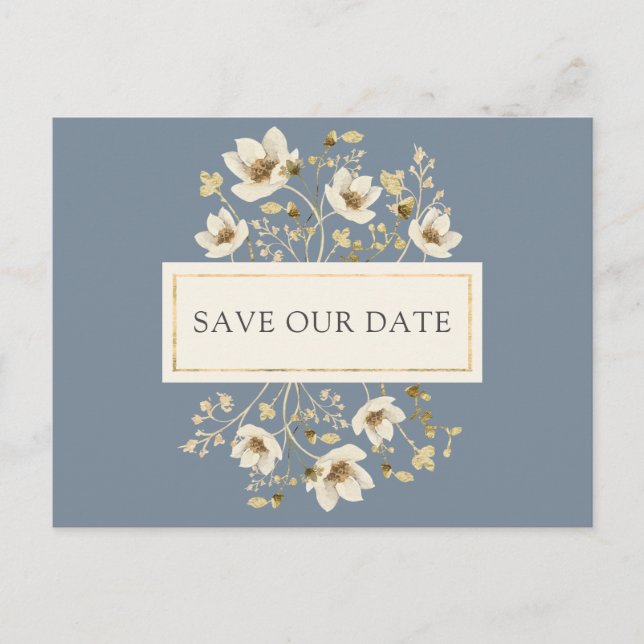 Dusty Blue Floral Wedding Save the Date Postcard (Front)