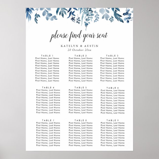 dusty blue floral wedding seating chart (Front)