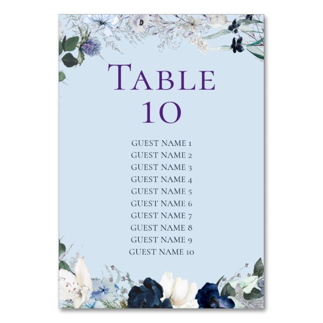 Dusty Blue Floral Wedding Seating Chart Table Number (Front)